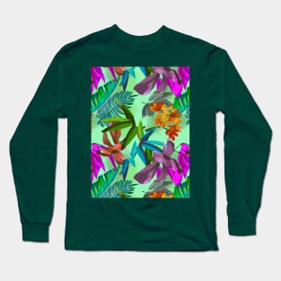 tropical floral leaves botanical garden, tropical plants,leaves and flowers, green mint leaves pattern Long Sleeve T-Shirt